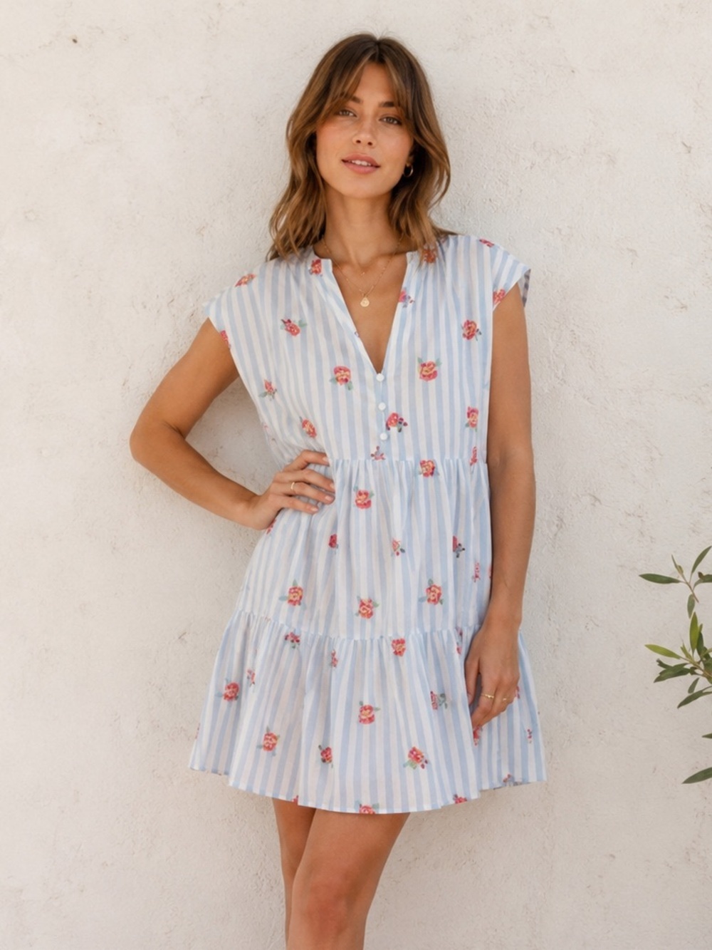 Sezane Saphir Dress in Embroidered Flowers on Blue Stripes Size 42